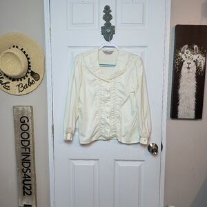 Vintage harbour isle Ivory Long Sleeve Peplum Button Up Cottagecore Blouse Sz 10